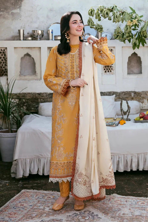 Winter Collection | Premium Dhanak 3-Piece Embroidered Suit – Mustard Gold with Cream Dupatta