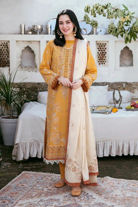 Winter Collection | Premium Dhanak 3-Piece Embroidered Suit – Mustard Gold with Cream Dupatta