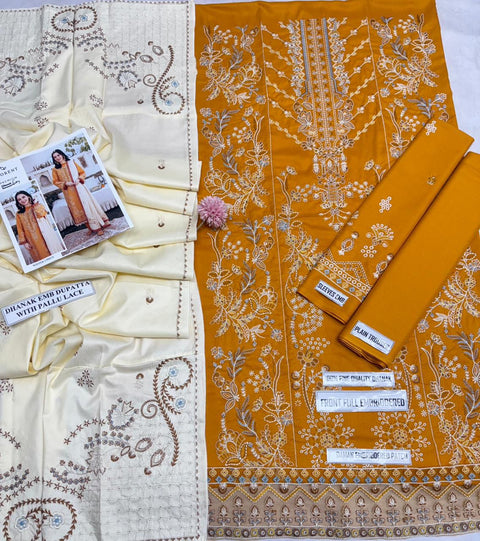 Winter Collection | Premium Dhanak 3-Piece Embroidered Suit – Mustard Gold with Cream Dupatta