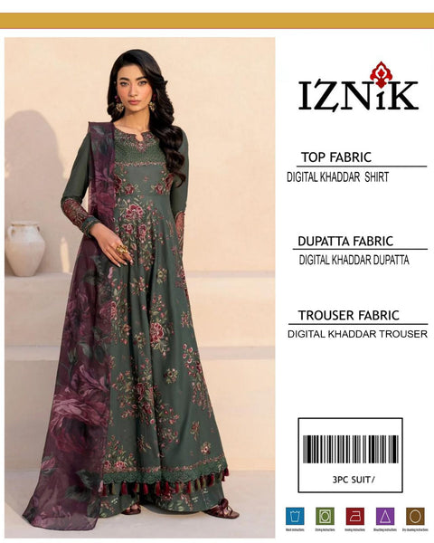 IZNIK Digital Khaddar Winter Collection | 3-Piece Unstitched Suit – Premium Digital Printed Khaddar Shirt, Dupatta & Trouser