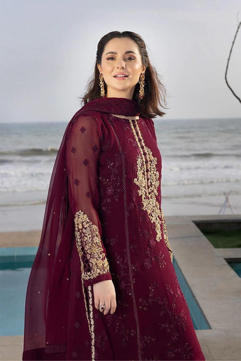 Azure Luxury Embroidered Chiffon 3-Piece Suit | Maroon Adda Work Collection