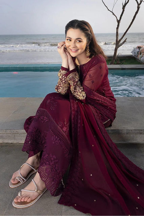 Azure Luxury Embroidered Chiffon 3-Piece Suit | Maroon Adda Work Collection