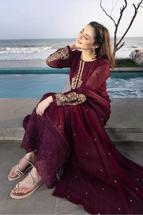 Azure Luxury Embroidered Chiffon 3-Piece Suit | Maroon Adda Work Collection