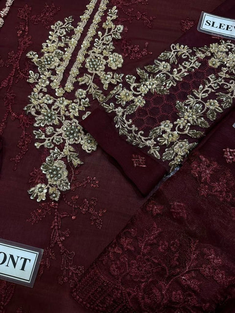 Azure Luxury Embroidered Chiffon 3-Piece Suit | Maroon Adda Work Collection