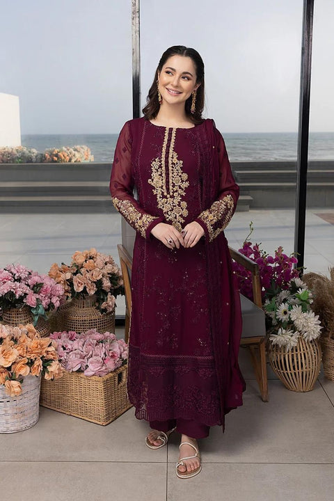 Azure Luxury Embroidered Chiffon 3-Piece Suit | Maroon Adda Work Collection