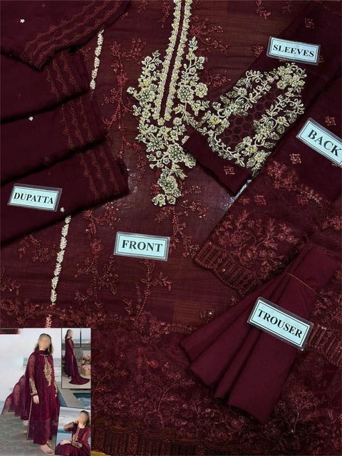 Azure Luxury Embroidered Chiffon 3-Piece Suit | Maroon Adda Work Collection