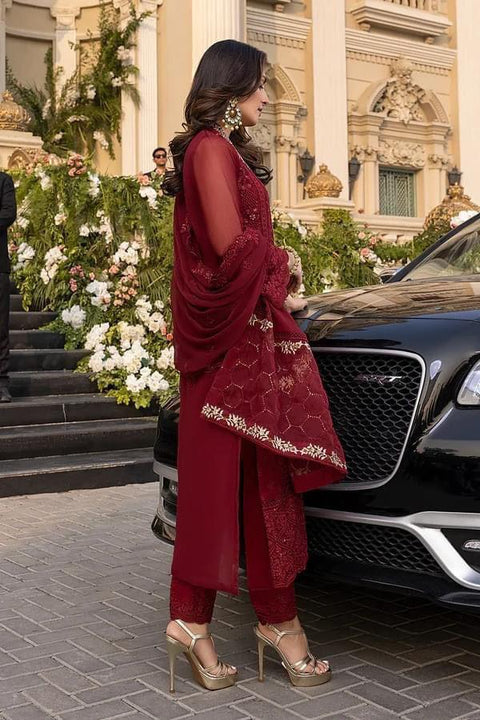 Azure Luxury Embroidered Chiffon 3-Piece Suit | Deep Maroon Festive Collection