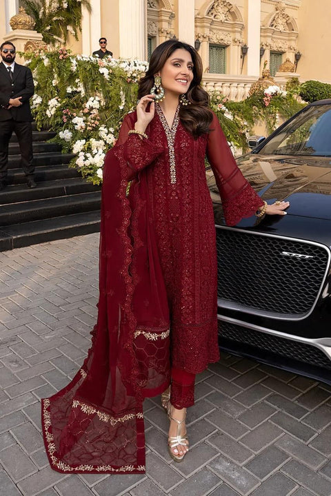 Azure Luxury Embroidered Chiffon 3-Piece Suit | Deep Maroon Festive Collection