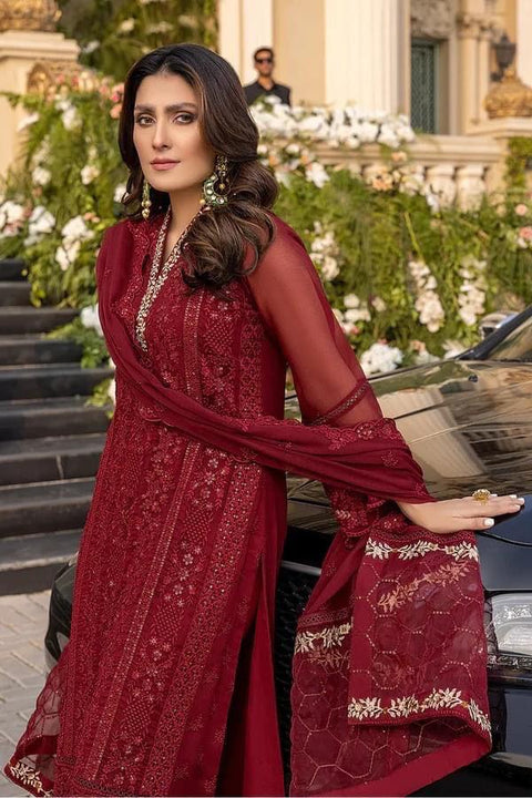 Azure Luxury Embroidered Chiffon 3-Piece Suit | Deep Maroon Festive Collection