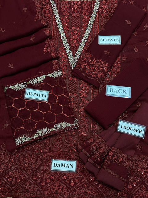 Azure Luxury Embroidered Chiffon 3-Piece Suit | Deep Maroon Festive Collection