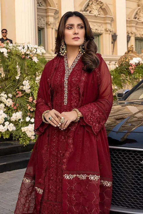 Azure Luxury Embroidered Chiffon 3-Piece Suit | Deep Maroon Festive Collection