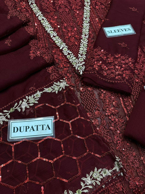 Azure Luxury Embroidered Chiffon 3-Piece Suit | Deep Maroon Festive Collection